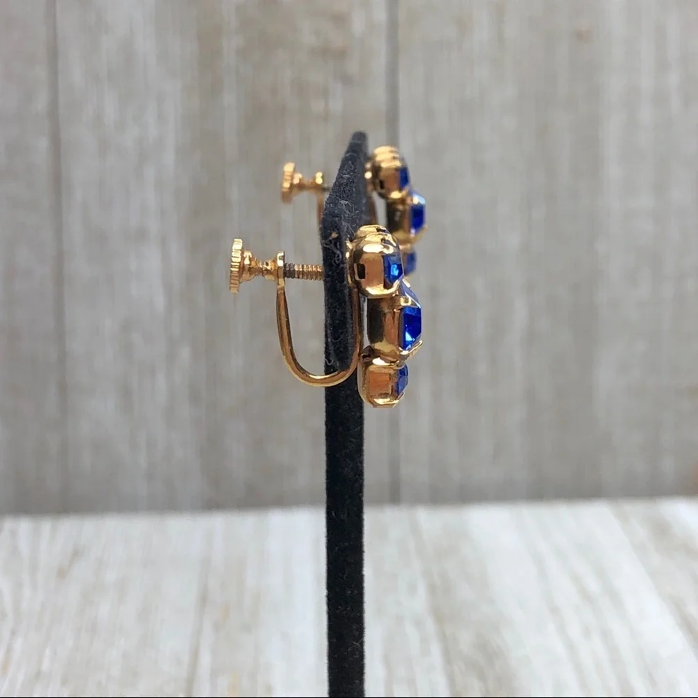 Vintage Blue Glass Rhinestone Screw Back Earrings